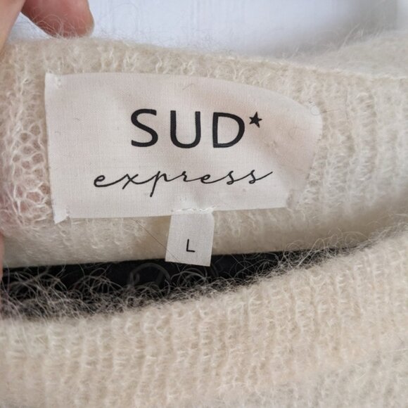 SUD EXPRESS round crew neck alpaca mohair cream beige tan striped sweater Large - Picture 8 of 9